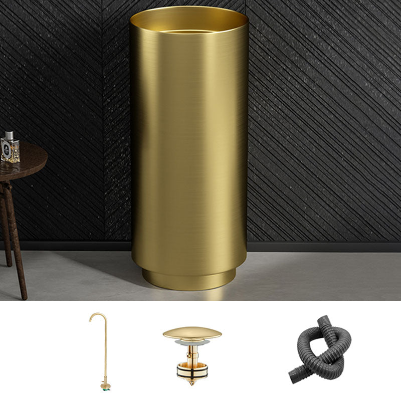 Modern Bathroom Sink Metal Round with Pop-Up Drain Pedestal Sink Gold Sensor Faucet Sink with Faucet Clearhalo 'Bathroom Remodel & Bathroom Fixtures' 'Bathroom Sinks & Faucet Components' 'Bathroom Sinks' 'bathroom_sink' 'Home Improvement' 'home_improvement' 'home_improvement_bathroom_sink' 7333100