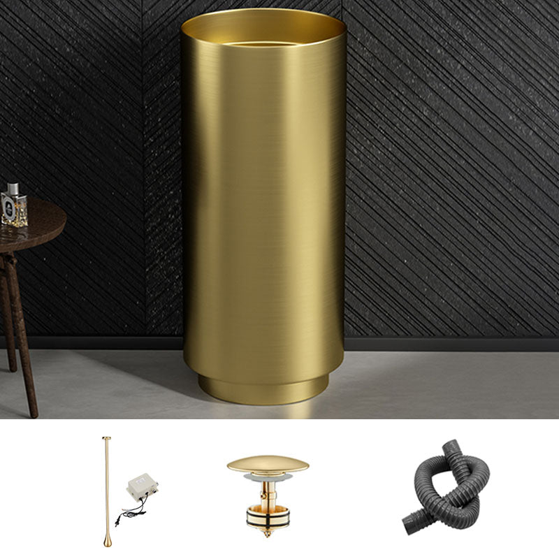 Modern Bathroom Sink Metal Round with Pop-Up Drain Pedestal Sink Gold Ceiling Sensing Faucet Sink with Faucet Clearhalo 'Bathroom Remodel & Bathroom Fixtures' 'Bathroom Sinks & Faucet Components' 'Bathroom Sinks' 'bathroom_sink' 'Home Improvement' 'home_improvement' 'home_improvement_bathroom_sink' 7333101