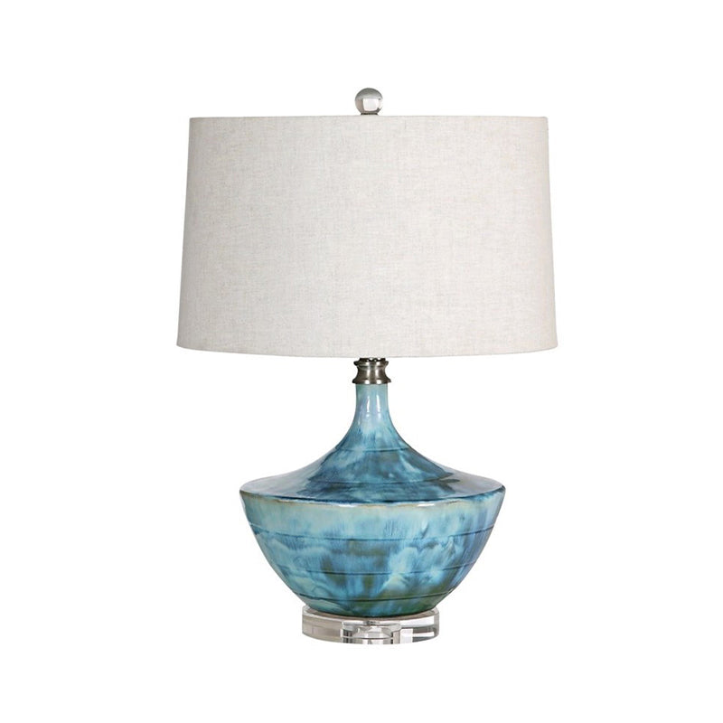 Nordic Drum Fabric Night Lamp 1 Light Table Lighting in Blue with Base Ceramic Base Clearhalo 'Lamps' 'Table Lamps' Lighting' 733471
