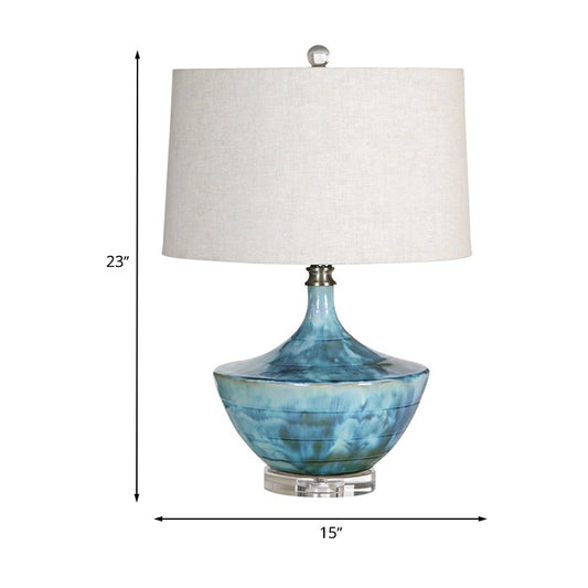 Nordic Drum Fabric Night Lamp 1 Light Table Lighting in Blue with Base Ceramic Base Clearhalo 'Lamps' 'Table Lamps' Lighting' 733472