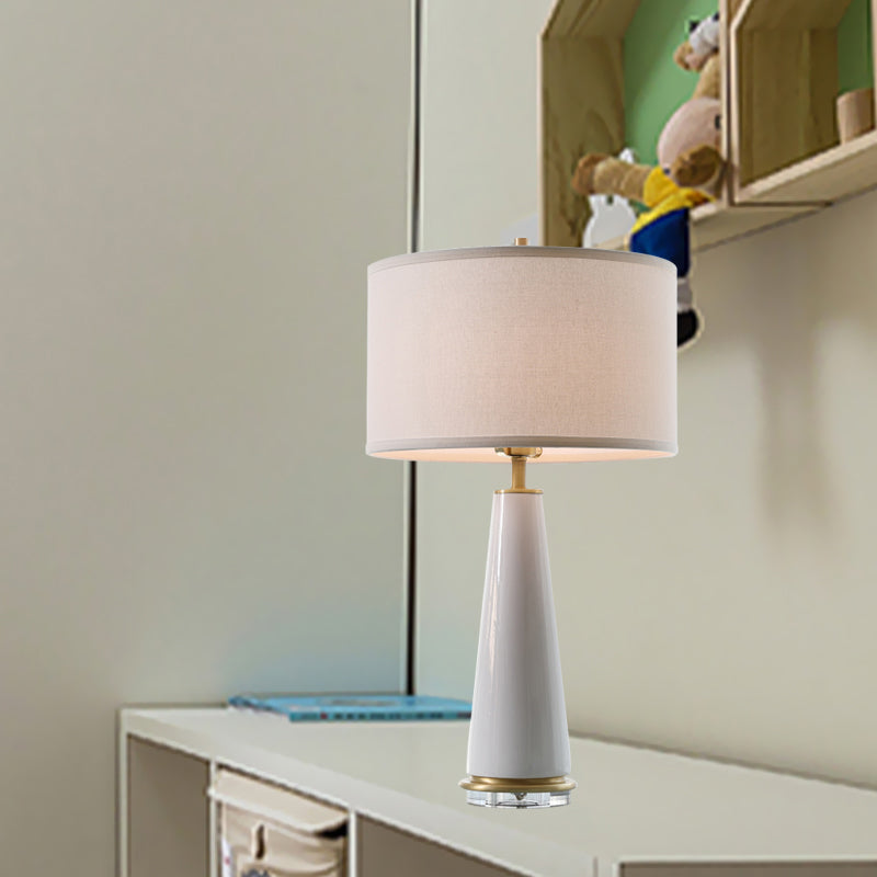 Fabric Drum Shade Nightstand Lamp Simplicity 1-Head Night Lighting in White with Ceramic Base Clearhalo 'Lamps' 'Table Lamps' Lighting' 733502