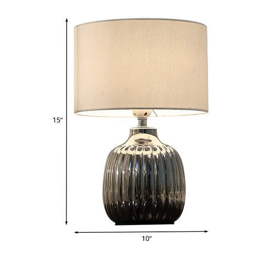 14"/15" L 1 Bulb Bedroom Ceramic Night Lighting Minimal White Finish Table Light with Drum Fabric Shade Clearhalo 'Lamps' 'Table Lamps' Lighting' 733531