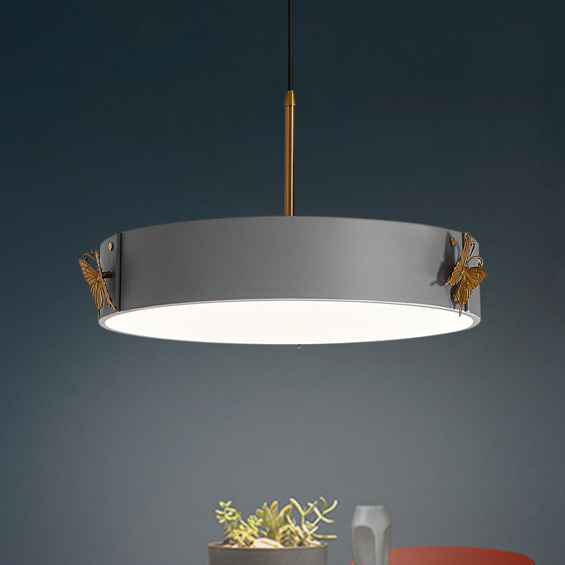 Drum Pendant Lamp Minimalist Acrylic LED Grey Finish Hanging Light Fixture with Butterfly Design Grey Clearhalo 'Ceiling Lights' 'Modern Pendants' 'Modern' 'Pendant Lights' 'Pendants' Lighting' 733537