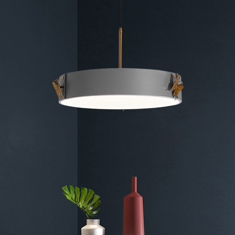 Drum Pendant Lamp Minimalist Acrylic LED Grey Finish Hanging Light Fixture with Butterfly Design Clearhalo 'Ceiling Lights' 'Modern Pendants' 'Modern' 'Pendant Lights' 'Pendants' Lighting' 733539