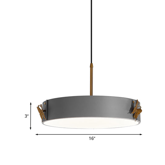 Drum Pendant Lamp Minimalist Acrylic LED Grey Finish Hanging Light Fixture with Butterfly Design Clearhalo 'Ceiling Lights' 'Modern Pendants' 'Modern' 'Pendant Lights' 'Pendants' Lighting' 733541