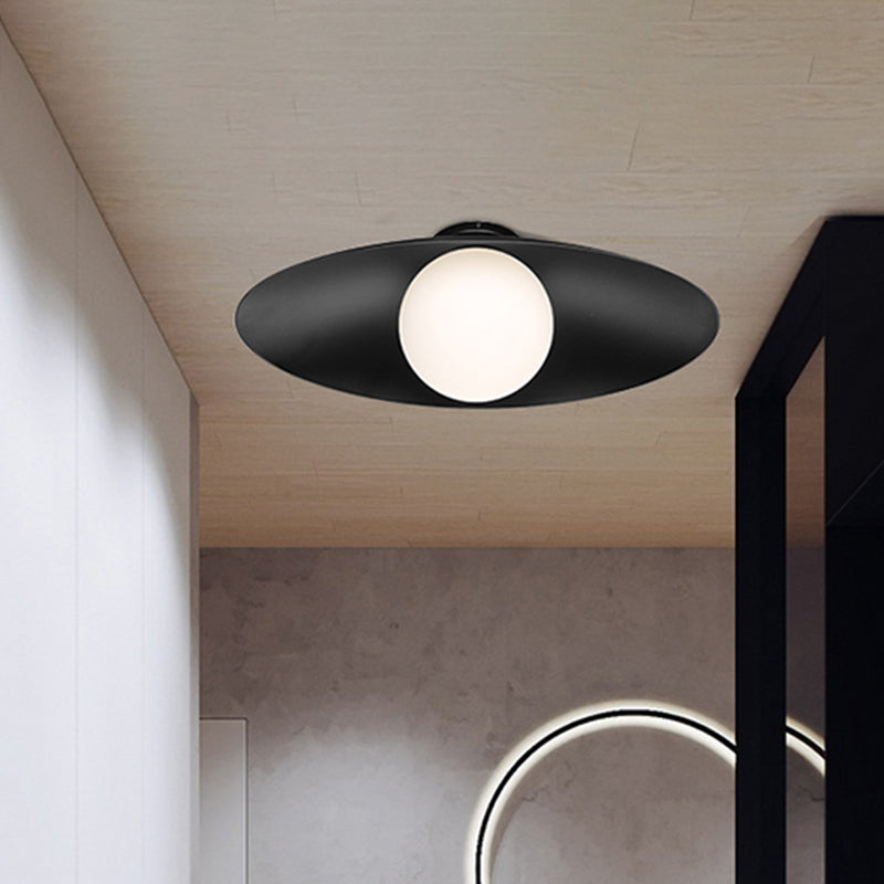 Simple Orb Flush Mount Frosted Glass 1 Light Corridor Ceiling Light Fixture in Black/White with Oval Metal Shade Clearhalo 'Ceiling Lights' 'Close To Ceiling Lights' 'Close to ceiling' 'Flush mount' Lighting' 733606