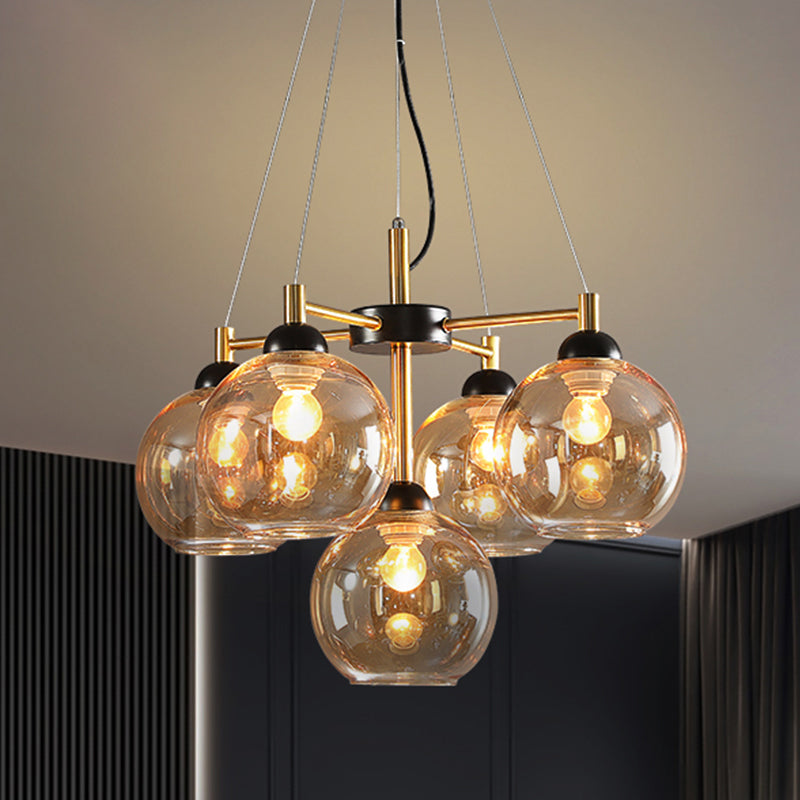 Amber/Smoke Grey Glass Spherical Chandelier Light Modernism 5 Heads Black Finish Pendant Lighting Fixture Amber Clearhalo 'Ceiling Lights' 'Chandeliers' 'Glass shade' 'Glass' 'Modern Chandeliers' 'Modern' 'Pendant Lights' Lighting' 733624