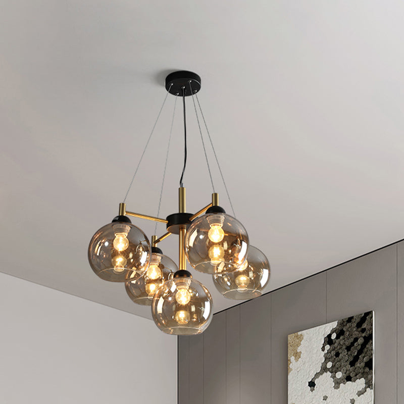 Amber/Smoke Grey Glass Spherical Chandelier Light Modernism 5 Heads Black Finish Pendant Lighting Fixture Clearhalo 'Ceiling Lights' 'Chandeliers' 'Glass shade' 'Glass' 'Modern Chandeliers' 'Modern' 'Pendant Lights' Lighting' 733625