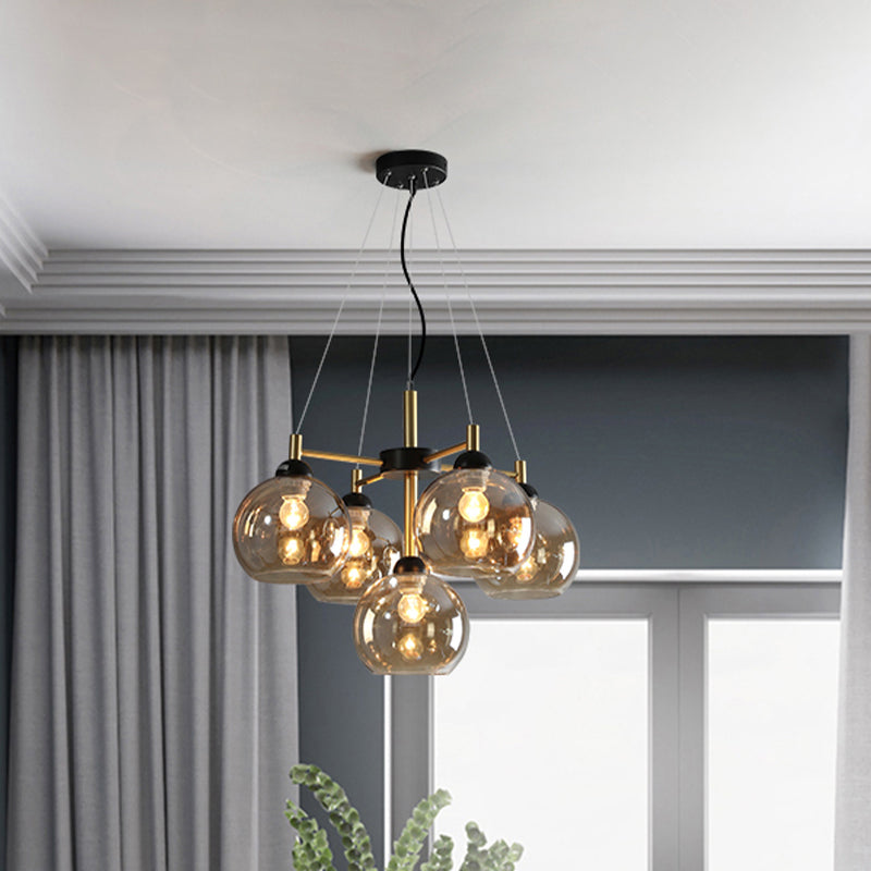 Amber/Smoke Grey Glass Spherical Chandelier Light Modernism 5 Heads Black Finish Pendant Lighting Fixture Clearhalo 'Ceiling Lights' 'Chandeliers' 'Glass shade' 'Glass' 'Modern Chandeliers' 'Modern' 'Pendant Lights' Lighting' 733626