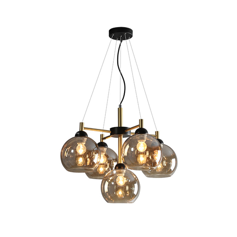 Amber/Smoke Grey Glass Spherical Chandelier Light Modernism 5 Heads Black Finish Pendant Lighting Fixture Clearhalo 'Ceiling Lights' 'Chandeliers' 'Glass shade' 'Glass' 'Modern Chandeliers' 'Modern' 'Pendant Lights' Lighting' 733627