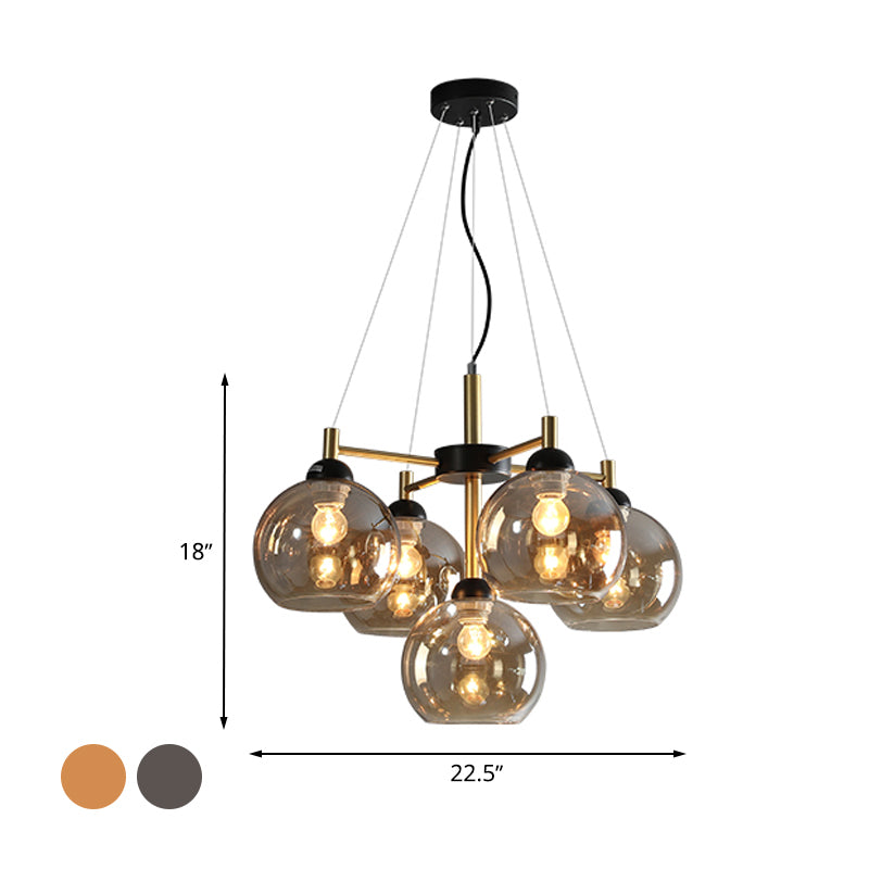 Amber/Smoke Grey Glass Spherical Chandelier Light Modernism 5 Heads Black Finish Pendant Lighting Fixture Clearhalo 'Ceiling Lights' 'Chandeliers' 'Glass shade' 'Glass' 'Modern Chandeliers' 'Modern' 'Pendant Lights' Lighting' 733628