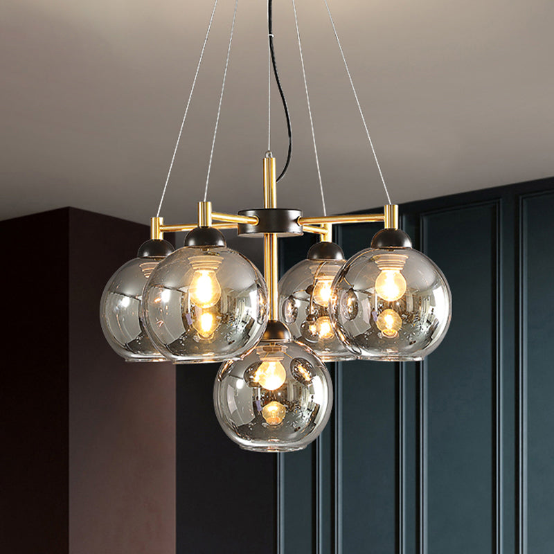 Amber/Smoke Grey Glass Spherical Chandelier Light Modernism 5 Heads Black Finish Pendant Lighting Fixture Smoke Gray Clearhalo 'Ceiling Lights' 'Chandeliers' 'Glass shade' 'Glass' 'Modern Chandeliers' 'Modern' 'Pendant Lights' Lighting' 733629