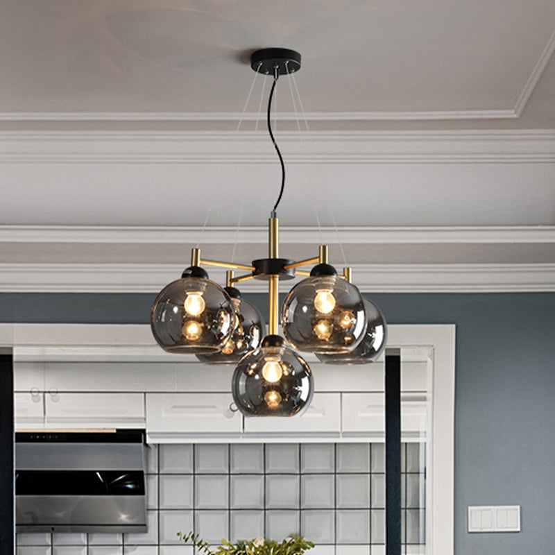 Amber/Smoke Grey Glass Spherical Chandelier Light Modernism 5 Heads Black Finish Pendant Lighting Fixture Clearhalo 'Ceiling Lights' 'Chandeliers' 'Glass shade' 'Glass' 'Modern Chandeliers' 'Modern' 'Pendant Lights' Lighting' 733630