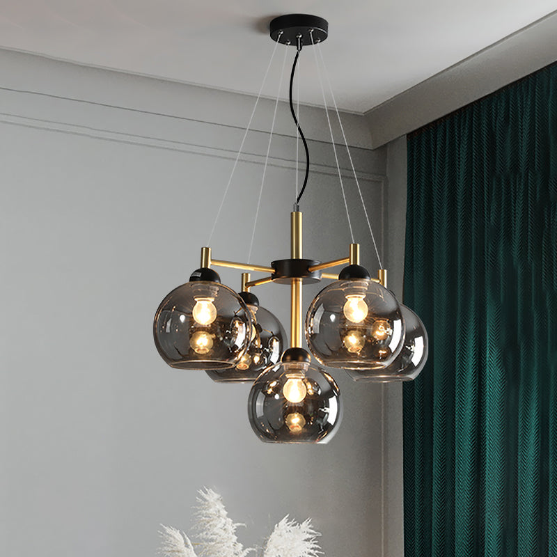 Amber/Smoke Grey Glass Spherical Chandelier Light Modernism 5 Heads Black Finish Pendant Lighting Fixture Clearhalo 'Ceiling Lights' 'Chandeliers' 'Glass shade' 'Glass' 'Modern Chandeliers' 'Modern' 'Pendant Lights' Lighting' 733631