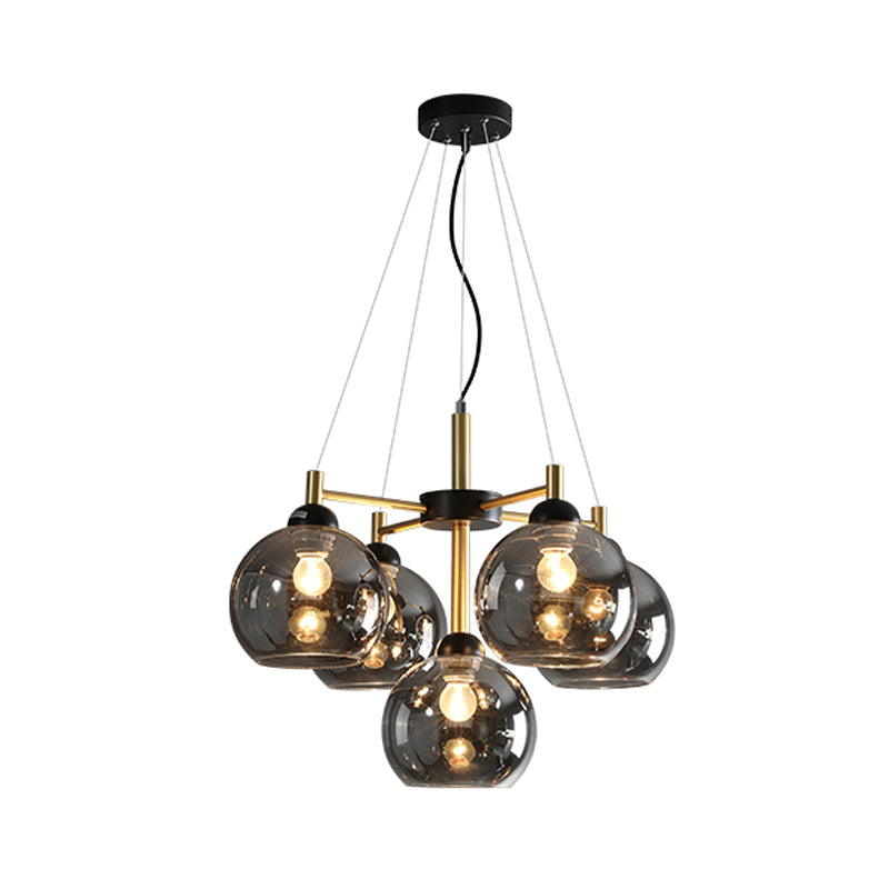 Amber/Smoke Grey Glass Spherical Chandelier Light Modernism 5 Heads Black Finish Pendant Lighting Fixture Clearhalo 'Ceiling Lights' 'Chandeliers' 'Glass shade' 'Glass' 'Modern Chandeliers' 'Modern' 'Pendant Lights' Lighting' 733632