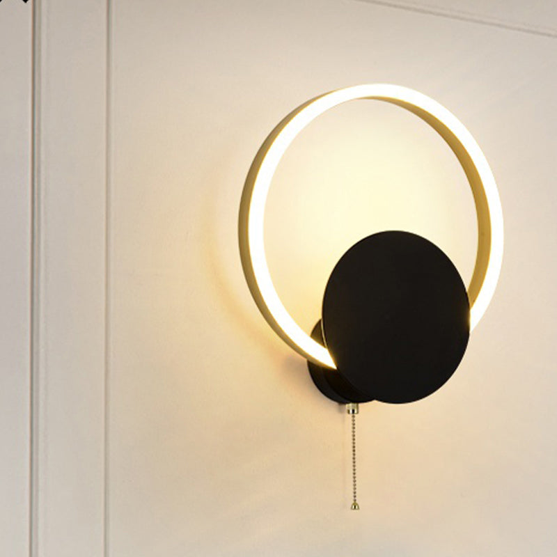 Circular Wall Mount Light Minimal Acrylic LED Bedroom Sconce in Black with Pull Chain Clearhalo 'Modern wall lights' 'Modern' 'Wall Lamps & Sconces' 'Wall Lights' Lighting' 733659