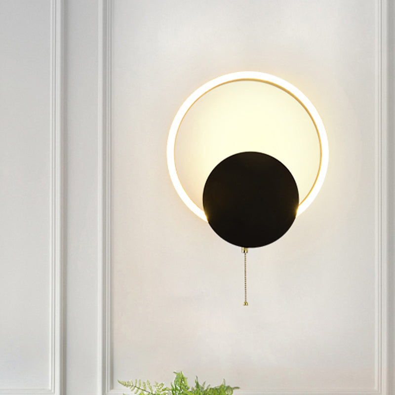 Circular Wall Mount Light Minimal Acrylic LED Bedroom Sconce in Black with Pull Chain Clearhalo 'Modern wall lights' 'Modern' 'Wall Lamps & Sconces' 'Wall Lights' Lighting' 733660
