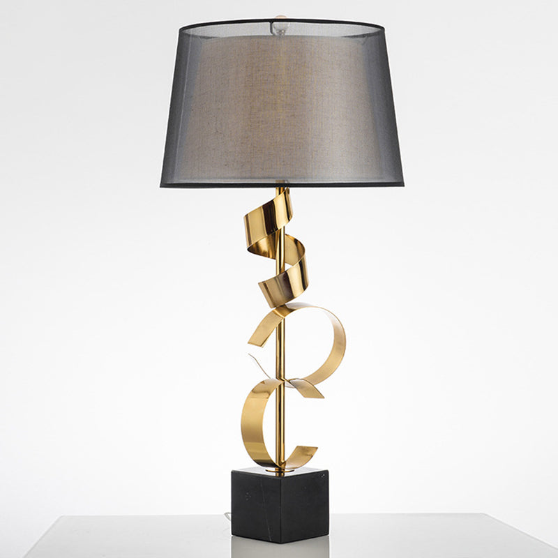 Barrel Table Light Modernist Fabric 1 Head Bedroom Nightstand Lamp in Black and Gold with Spiral Silk Ribbon Deco Black-Gold Clearhalo 'Lamps' 'Table Lamps' Lighting' 733683