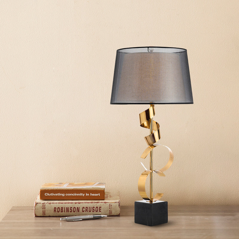 Barrel Table Light Modernist Fabric 1 Head Bedroom Nightstand Lamp in Black and Gold with Spiral Silk Ribbon Deco Clearhalo 'Lamps' 'Table Lamps' Lighting' 733684