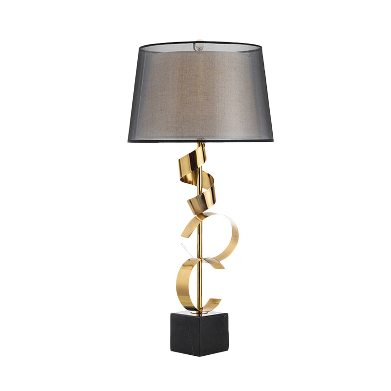 Barrel Table Light Modernist Fabric 1 Head Bedroom Nightstand Lamp in Black and Gold with Spiral Silk Ribbon Deco Clearhalo 'Lamps' 'Table Lamps' Lighting' 733685
