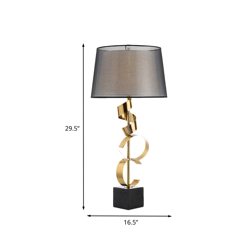 Barrel Table Light Modernist Fabric 1 Head Bedroom Nightstand Lamp in Black and Gold with Spiral Silk Ribbon Deco Clearhalo 'Lamps' 'Table Lamps' Lighting' 733687