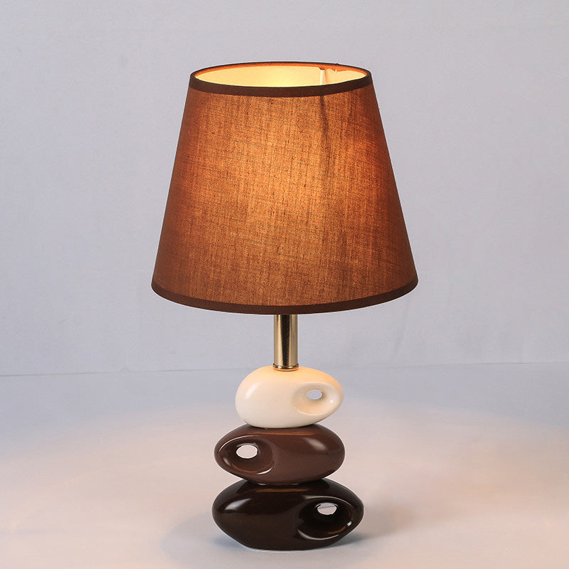 Coffee Barrel Night Table Light Modern 1 Bulb Fabric Nightstand Lamp with Stone Ceramics Base Coffee Clearhalo 'Lamps' 'Table Lamps' Lighting' 733698
