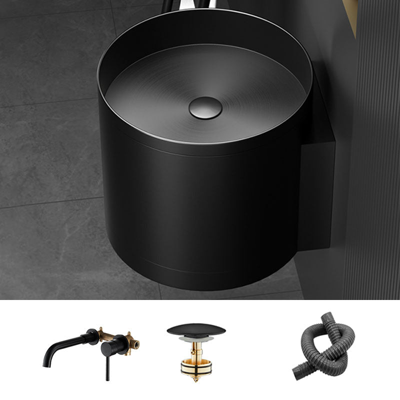 Contemporary Bathroom Sink with Pop-Up Drain Round Metal Wall Mount Bathroom Sink Black Dual Hole Wall-Mounted Faucet Sink with Faucet Clearhalo 'Bathroom Remodel & Bathroom Fixtures' 'Bathroom Sinks & Faucet Components' 'Bathroom Sinks' 'bathroom_sink' 'Home Improvement' 'home_improvement' 'home_improvement_bathroom_sink' 7338118