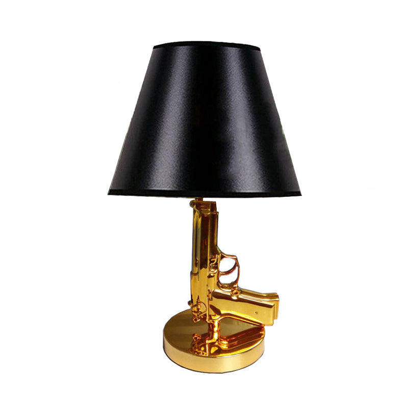 Black Finish Barrel Shade Table Light Modernist 1-Head Fabric Desk Lamp with Gold Gun-Shape Body Clearhalo 'Lamps' 'Table Lamps' Lighting' 733835