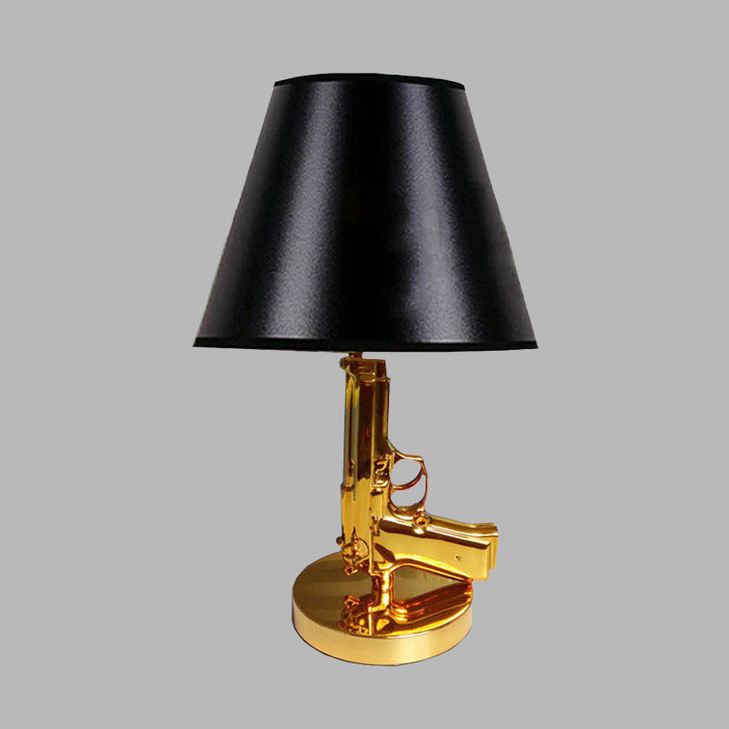 Black Finish Barrel Shade Table Light Modernist 1-Head Fabric Desk Lamp with Gold Gun-Shape Body Clearhalo 'Lamps' 'Table Lamps' Lighting' 733836