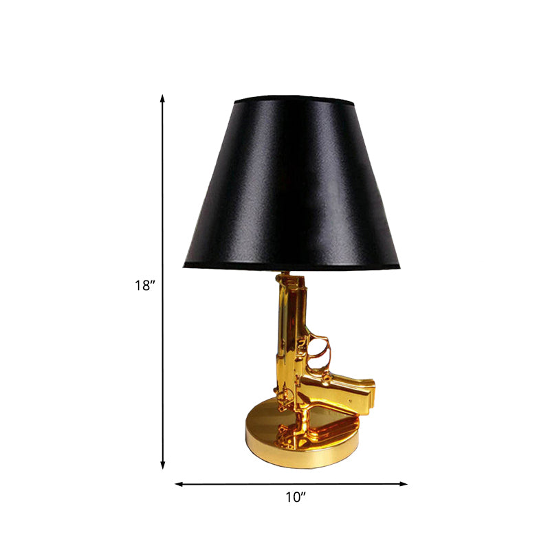 Black Finish Barrel Shade Table Light Modernist 1-Head Fabric Desk Lamp with Gold Gun-Shape Body Clearhalo 'Lamps' 'Table Lamps' Lighting' 733837