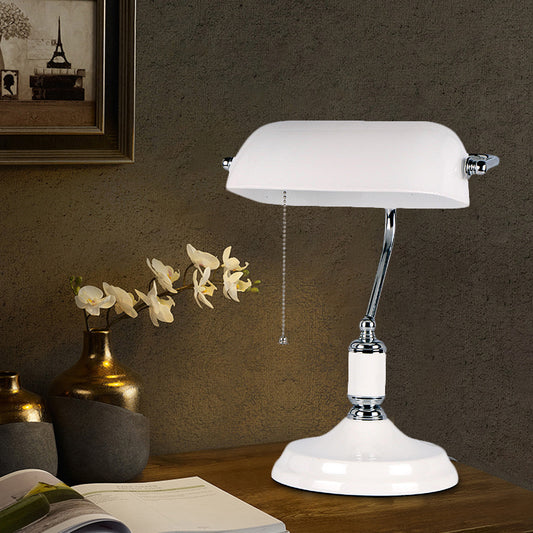 Classical Half Cylinder Night Table Light White Glass 1-Light Bedside Pull Chain Desk Lamp White Clearhalo 'Lamps' 'Table Lamps' Lighting' 733838