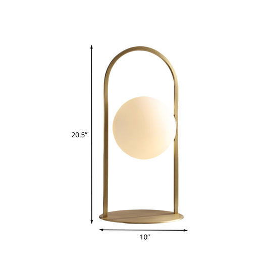Post Modern Oval Ring Table Light Metal 1 Bulb Living Room Desk Lamp in Brass with Ball Milk Glass Shade Clearhalo 'Lamps' 'Table Lamps' Lighting' 733882