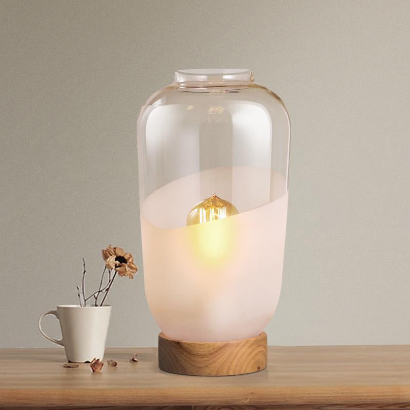 Jar Shaped Living Room Desk Light Clear and White Glass 1 Head Simple Nightstand Lamp with Wood Base Clearhalo 'Lamps' 'Table Lamps' Lighting' 733884