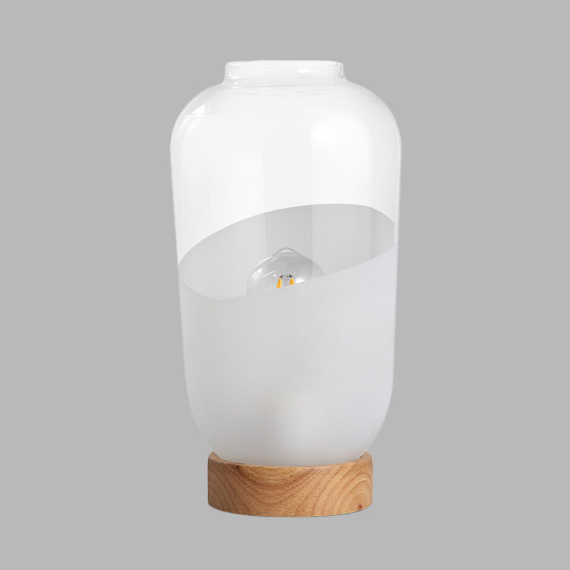 Jar Shaped Living Room Desk Light Clear and White Glass 1 Head Simple Nightstand Lamp with Wood Base Clearhalo 'Lamps' 'Table Lamps' Lighting' 733886