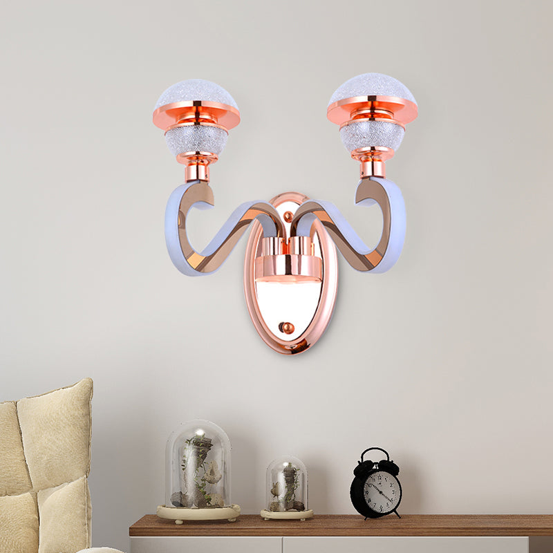 Modernist Urn Shape Wall Mount Light Metallic 2 Heads Corridor Swirl Arm LED Wall Sconce in Rose Gold Clearhalo 'Cast Iron' 'Glass' 'Industrial' 'Modern wall lights' 'Modern' 'Tiffany' 'Traditional wall lights' 'Wall Lamps & Sconces' 'Wall Lights' Lighting' 733924
