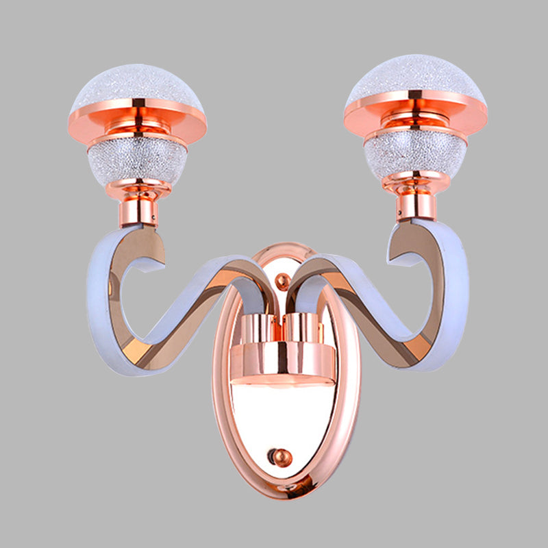 Modernist Urn Shape Wall Mount Light Metallic 2 Heads Corridor Swirl Arm LED Wall Sconce in Rose Gold Clearhalo 'Cast Iron' 'Glass' 'Industrial' 'Modern wall lights' 'Modern' 'Tiffany' 'Traditional wall lights' 'Wall Lamps & Sconces' 'Wall Lights' Lighting' 733926