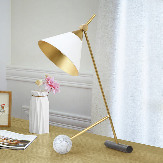 White Wide Flared Desk Lighting Modern LED Metallic Table Lamp with Tube and Orb Marble Base White Clearhalo 'Lamps' 'Table Lamps' Lighting' 734012