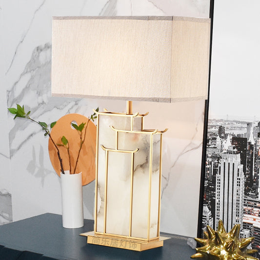 Rectangle Fabric Task Light Contemporary 1 Bulb White Table Lamp with Golden Frame and Marble Panel Deco White Clearhalo 'Lamps' 'Table Lamps' Lighting' 734032