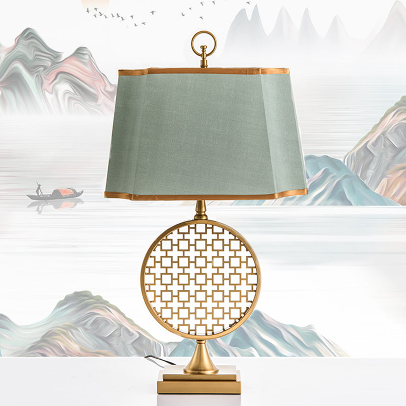 Chinese Style 1 Head Night Light Gold Drum Shape LED Desk Lamp with Green Fabric Shade Green Clearhalo 'Lamps' 'Table Lamps' Lighting' 734042