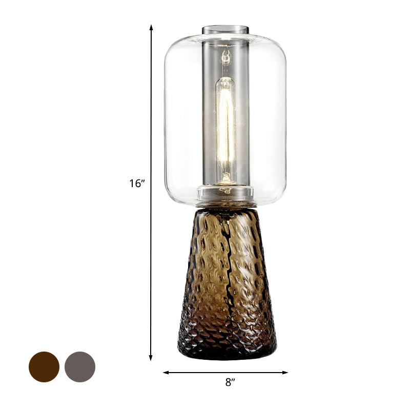 Trapezoid Bedroom Desk Light Smoke Gray/Cognac Water Glass 1-Light Postmodern Plug-In Table Lamp with Cylinder Shade Clearhalo 'Lamps' 'Table Lamps' Lighting' 734051