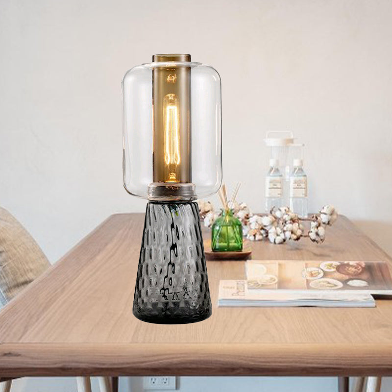 Trapezoid Bedroom Desk Light Smoke Gray/Cognac Water Glass 1-Light Postmodern Plug-In Table Lamp with Cylinder Shade Clearhalo 'Lamps' 'Table Lamps' Lighting' 734053