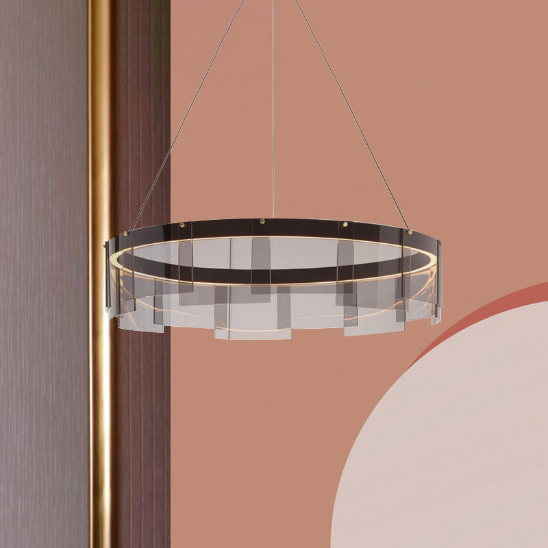 Black Glass Panel Ring Pendant Light Fixture Contemporary LED Ceiling Suspension Lamp in White/Warm Light Clearhalo 'Ceiling Lights' 'Chandeliers' 'Glass shade' 'Glass' 'Modern Pendants' 'Modern' 'Pendant Lights' 'Pendants' Lighting' 734114
