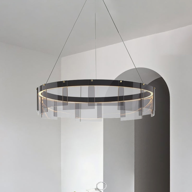 Black Glass Panel Ring Pendant Light Fixture Contemporary LED Ceiling Suspension Lamp in White/Warm Light Clearhalo 'Ceiling Lights' 'Chandeliers' 'Glass shade' 'Glass' 'Modern Pendants' 'Modern' 'Pendant Lights' 'Pendants' Lighting' 734115