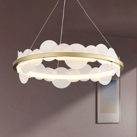 Acrylic Round Panel Hanging Chandelier Contemporary 23.5"/31.5" Dia LED Gold Pendant with Ring Design in White/Warm Light Gold Clearhalo 'Ceiling Lights' 'Chandeliers' 'Modern Chandeliers' 'Modern' Lighting' 734123