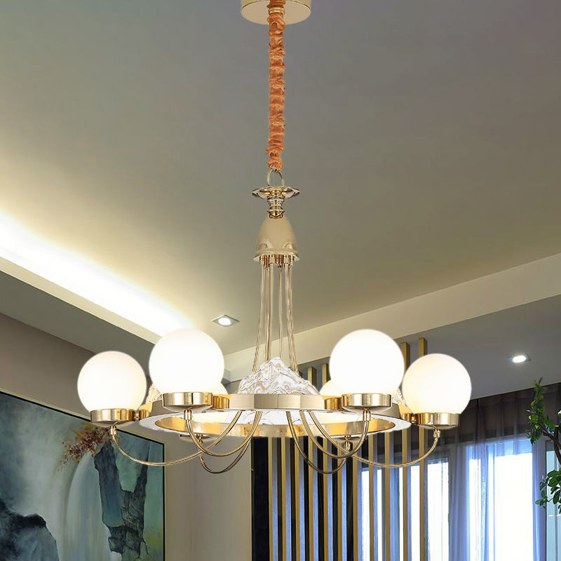 Gold Curved Arm Ceiling Chandelier Post Modern 6 Heads Metal LED Hanging Light with Globe Frosted White Glass Shade Gold Clearhalo 'Ceiling Lights' 'Chandeliers' 'Modern Chandeliers' 'Modern' Lighting' 734149