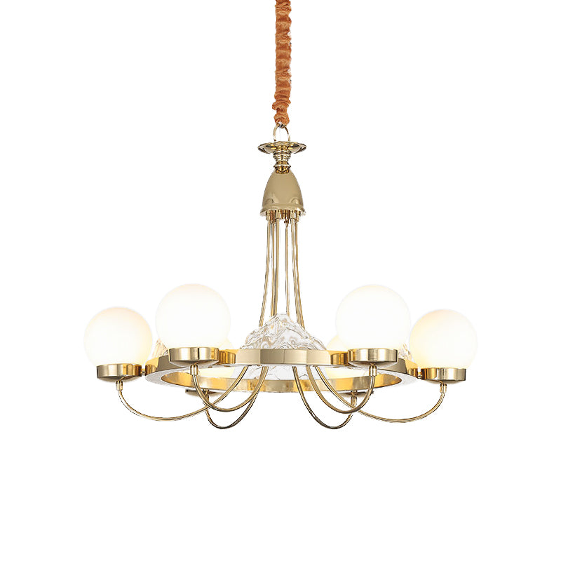 Gold Curved Arm Ceiling Chandelier Post Modern 6 Heads Metal LED Hanging Light with Globe Frosted White Glass Shade Clearhalo 'Ceiling Lights' 'Chandeliers' 'Modern Chandeliers' 'Modern' Lighting' 734152