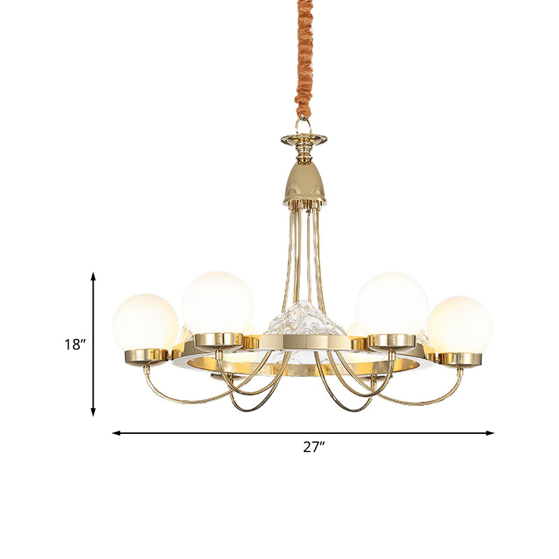 Gold Curved Arm Ceiling Chandelier Post Modern 6 Heads Metal LED Hanging Light with Globe Frosted White Glass Shade Clearhalo 'Ceiling Lights' 'Chandeliers' 'Modern Chandeliers' 'Modern' Lighting' 734153