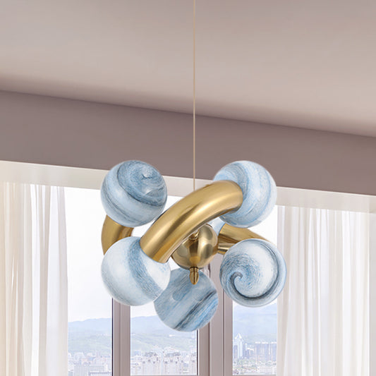 Sphere Chandelier Post-Modern Blue/Tan Planet Glass 6-Head Living Room LED Pendant Light with Twisted Design Blue Clearhalo 'Ceiling Lights' 'Chandeliers' 'Glass shade' 'Glass' 'Modern Chandeliers' 'Modern' 'Pendant Lights' Lighting' 734164