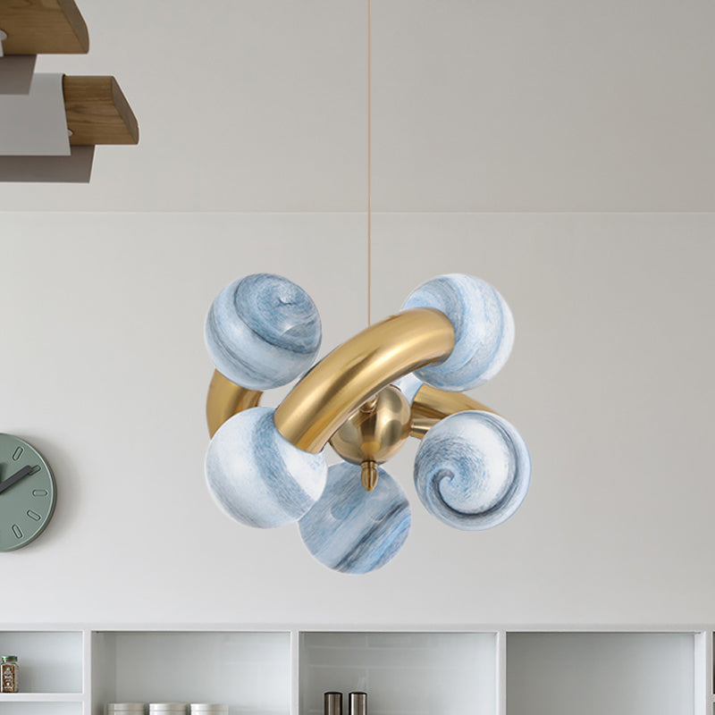 Sphere Chandelier Post-Modern Blue/Tan Planet Glass 6-Head Living Room LED Pendant Light with Twisted Design Clearhalo 'Ceiling Lights' 'Chandeliers' 'Glass shade' 'Glass' 'Modern Chandeliers' 'Modern' 'Pendant Lights' Lighting' 734166