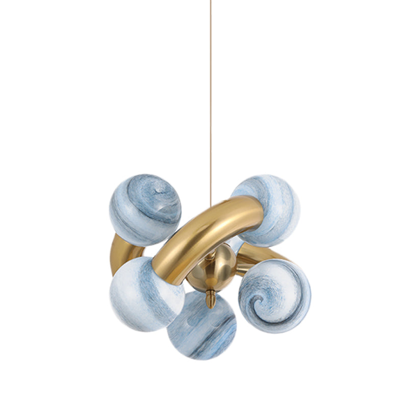 Sphere Chandelier Post-Modern Blue/Tan Planet Glass 6-Head Living Room LED Pendant Light with Twisted Design Clearhalo 'Ceiling Lights' 'Chandeliers' 'Glass shade' 'Glass' 'Modern Chandeliers' 'Modern' 'Pendant Lights' Lighting' 734167